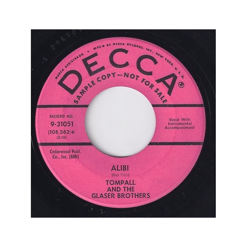 Glaser Tompall & The Glaser Brothers ‎– Alibi |1960     Decca ‎– 0-31051 -Single-Promo