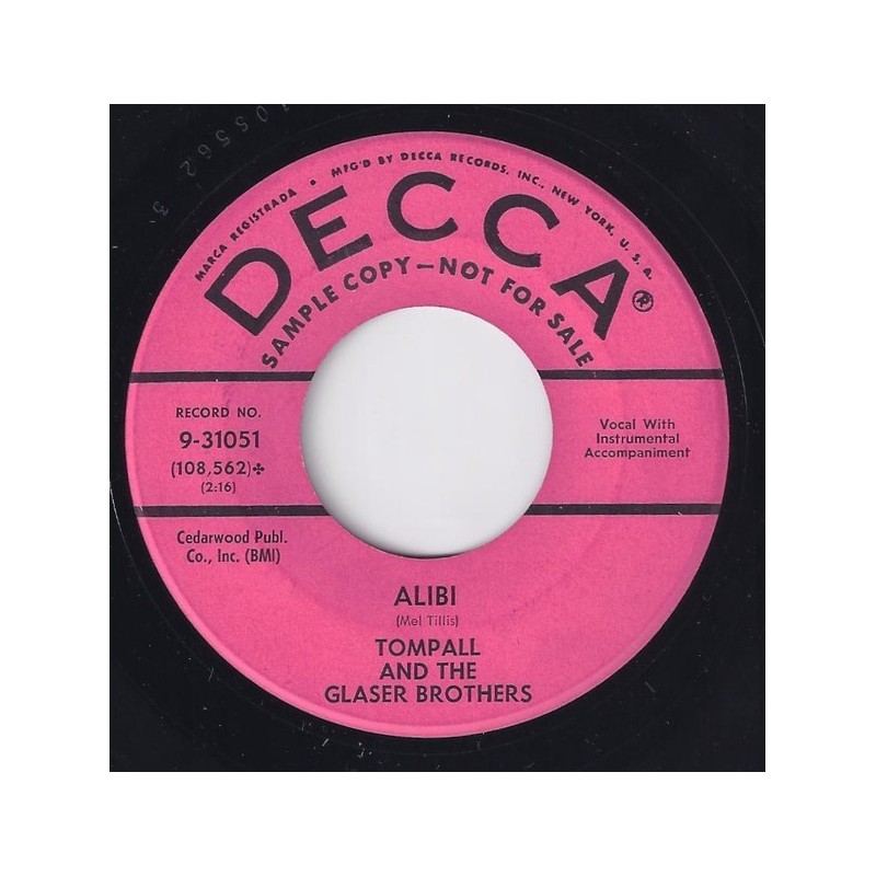 Glaser Tompall & The Glaser Brothers – Alibi |1960 Decca – 0-31051 -Single-Promo Glaser Tompall & The Glaser Brothers – Alibi |1960 Decca – 0-31051 -Single-Promo