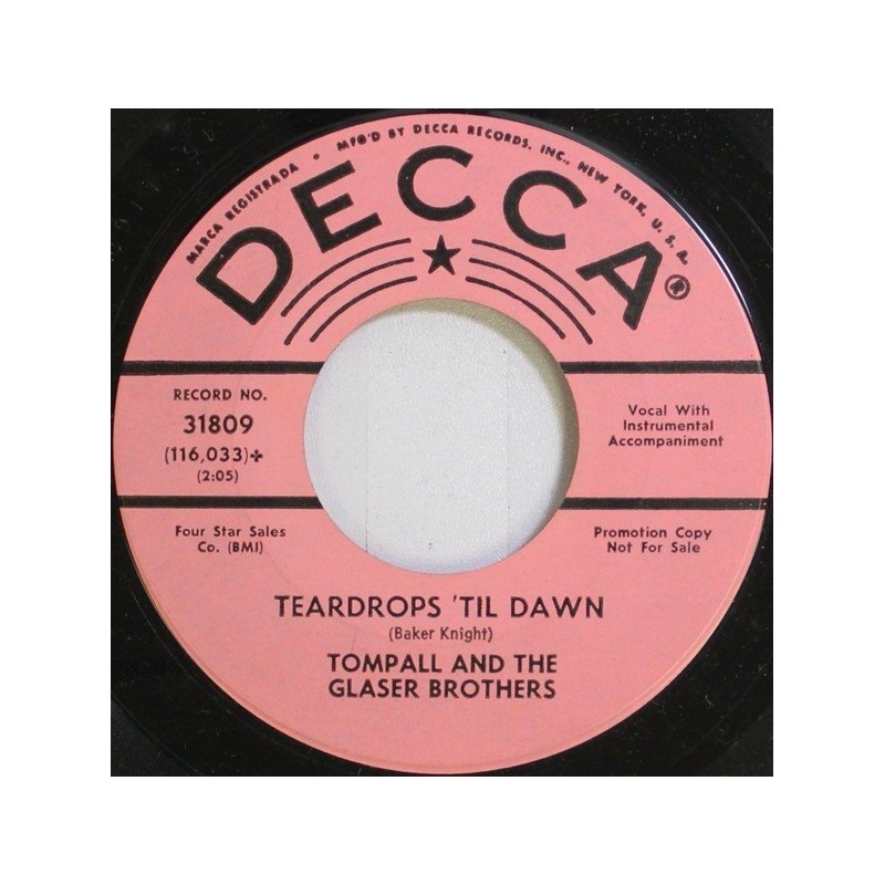 Tompall and the Glaser Brothers ‎– Teardrops 'til dawn|1964    Promo-Single