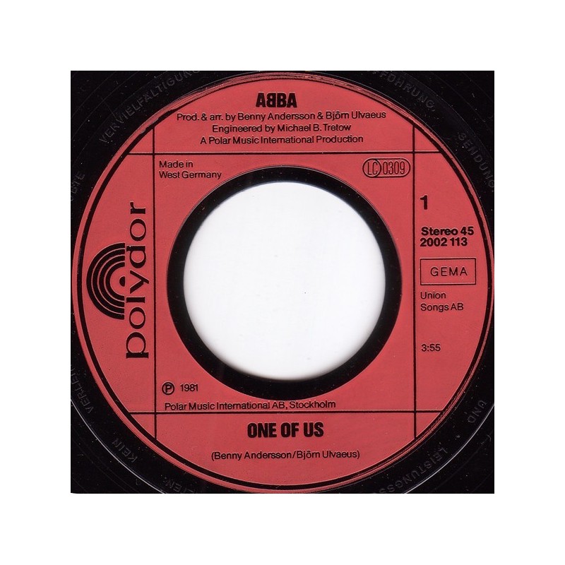 ABBA ‎– One Of Us|1981     Polydor ‎– 2002 113-Single