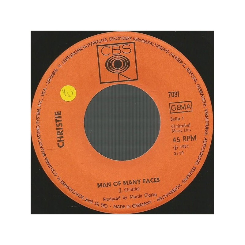 Christie ‎– Man Of Many Faces / Country Sam|1971    CBS ‎– 7081-Single