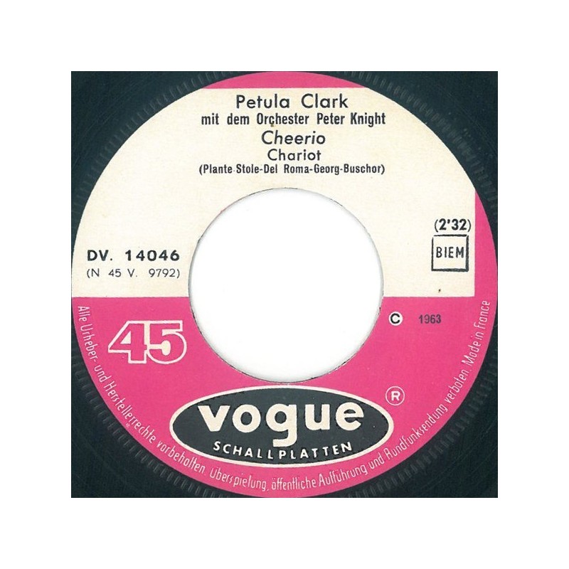 Clark Petula ‎– Cheerio (Chariot)|1963    Vogue Schallplatten ‎– DV. 14 046-Single