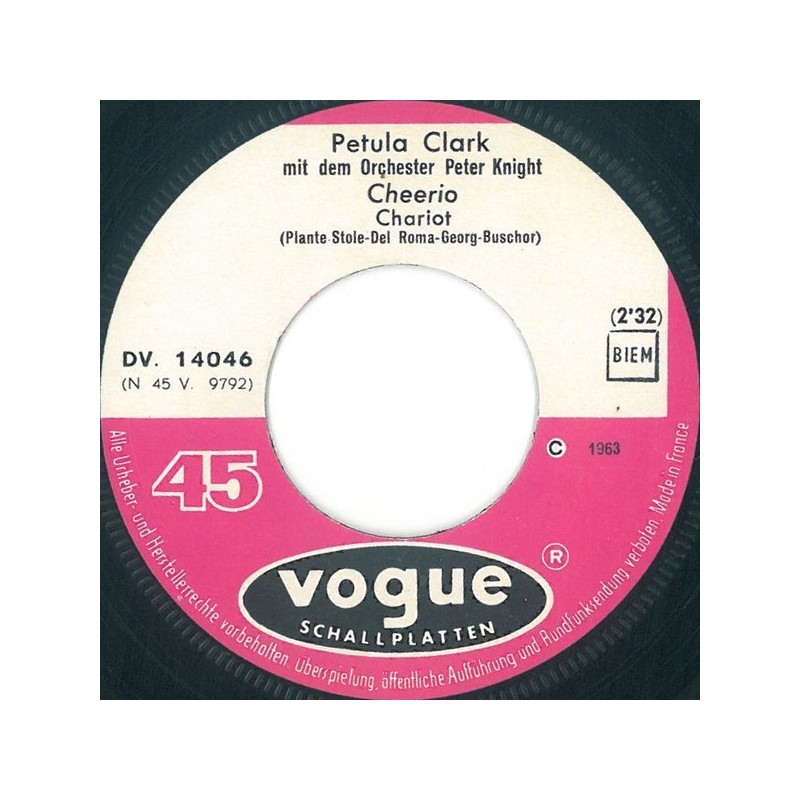 Clark Petula – Cheerio (Chariot)|1963 Vogue Schallplatten – DV. 14 046-Single Clark Petula – Cheerio (Chariot)|1963 Vogue Schallplatten – DV. 14 046-Single