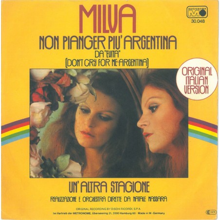 Milva ‎– Non Pianger Più Argentina|1977   Metronome ‎– 30.048-Single