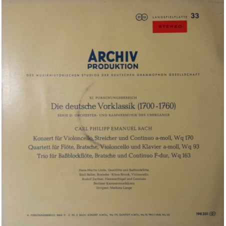 Bach Carl Philipp Emanuel - Konzert A-moll-Quartett A-moll-Trio F-dur-Mathieu Lange|1964   Archiv-198 351