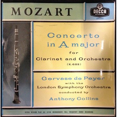 Mozart-Concerto In A Major For Clarinet And Orchestra -de Peyer-LSO-Collins |1957    Decca ‎– LW 5261-10" Vinyl