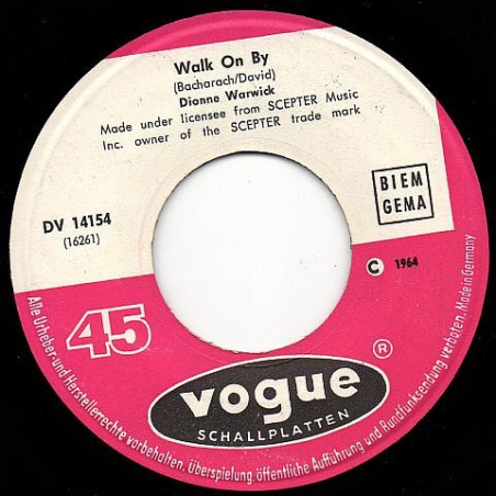 Warwick Dionne ‎– Walk On By / Any Old Time Of Day|1964   Vogue Schallplatten ‎– DV 14154-Single