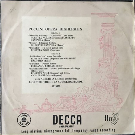 Puccini ‎– Opera Highlights|1951    Decca ‎– LX 3058 10" Vinyl- Mono