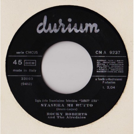 Roberts Rocky ‎– Stasera Mi Butto|1967    Durium ‎– CN A 9237-Single