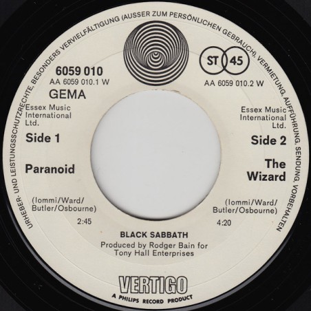 Black Sabbath – Paranoid    |1970     	Vertigo – 6059 010 -Single